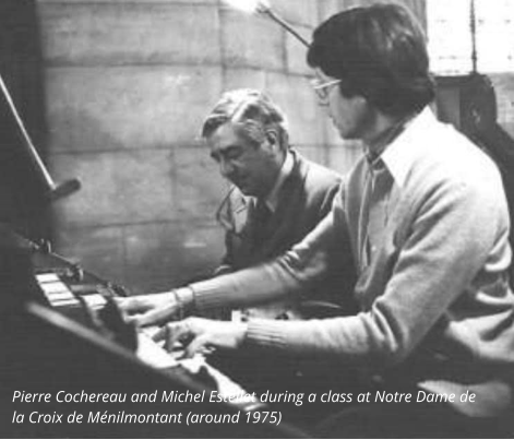 Pierre Cochereau and Michel Estellet during a class at Notre Dame de la Croix de Ménilmontant (around 1975)